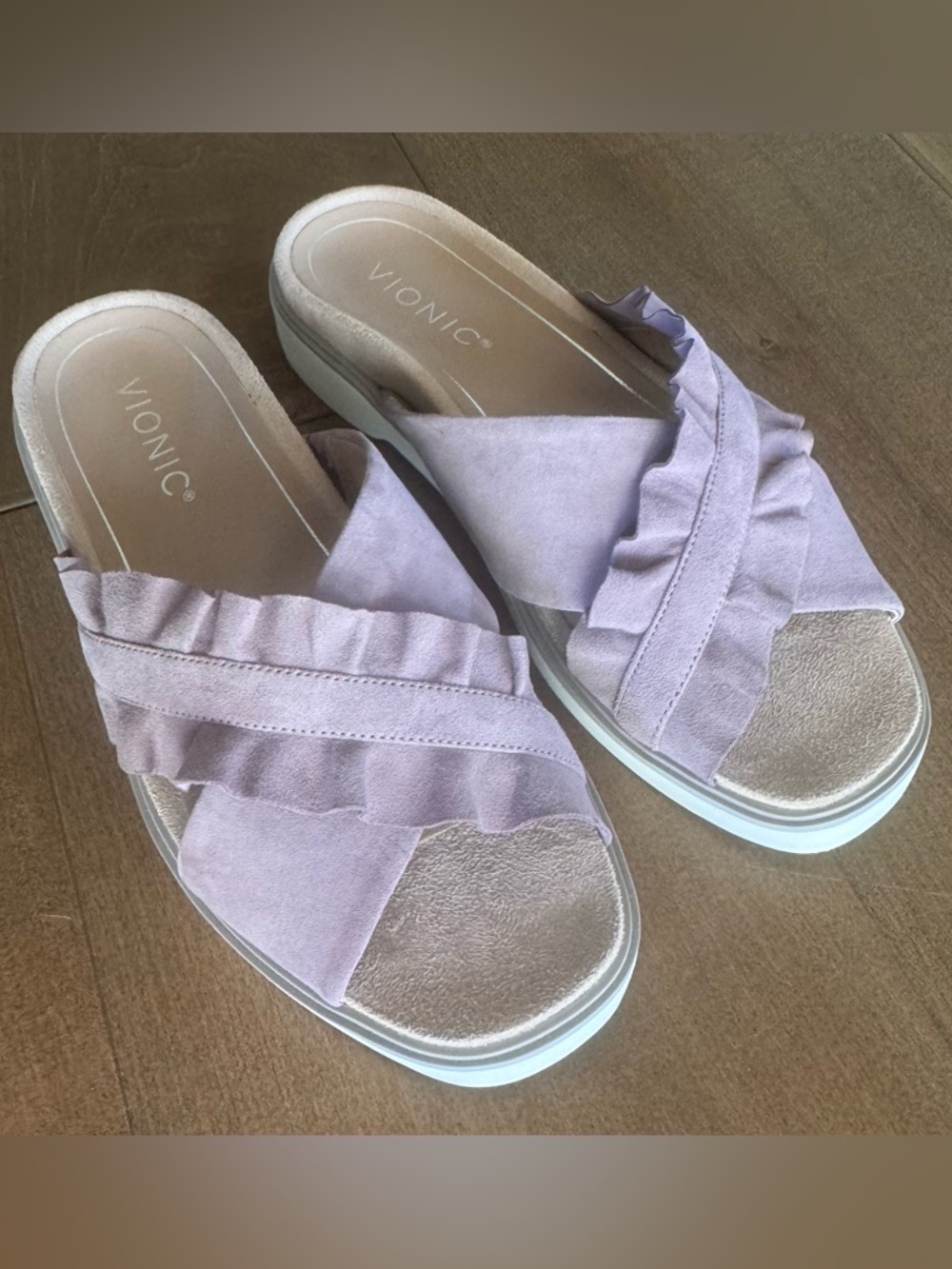 Vionic Azalea Ruffle Slide Sandals Pink Mauve Suede Comfort Size 6.5 NWOB - Picture 2 of 10